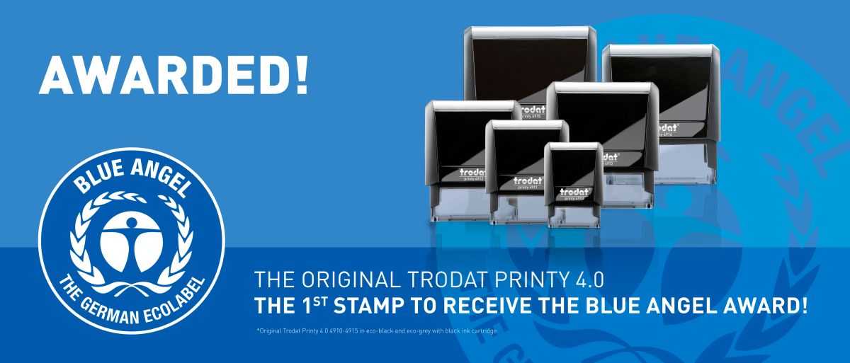 AWARDED! THE ORIGINAL TRODAT PRINTY 4.0 - THE 1ST STAMP TO RECEIVE THE BLUE ANGEL AWARD!